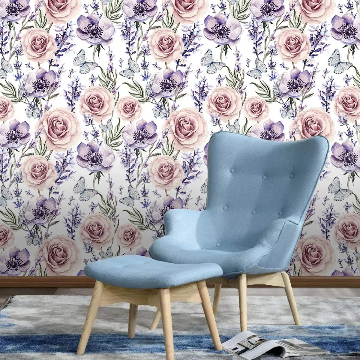 Watercolor Lavender Rose Peel and Stick Wallpaper Purple Floral Self-Adhesive Removable Wall Papers for Home Bedroom Walls Decor