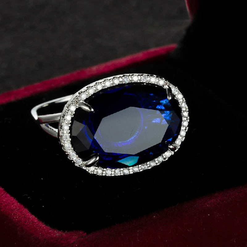 Retro Women Ring 925 Silver Jewelry Oval Sapphire Zircon Gemstone Open Finger Rings Accessories for Wedding Engagement Party