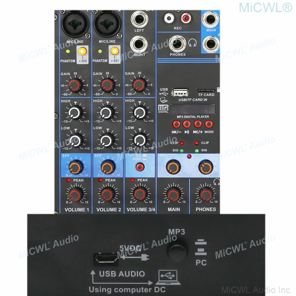 Микшерная консоль MG6 с Bluetooth, аудиомикшер, 6 микрофонов, канал для сцены, ПК, ноутбука, живая запись, 48 В, мини-переключатель фантомного питания