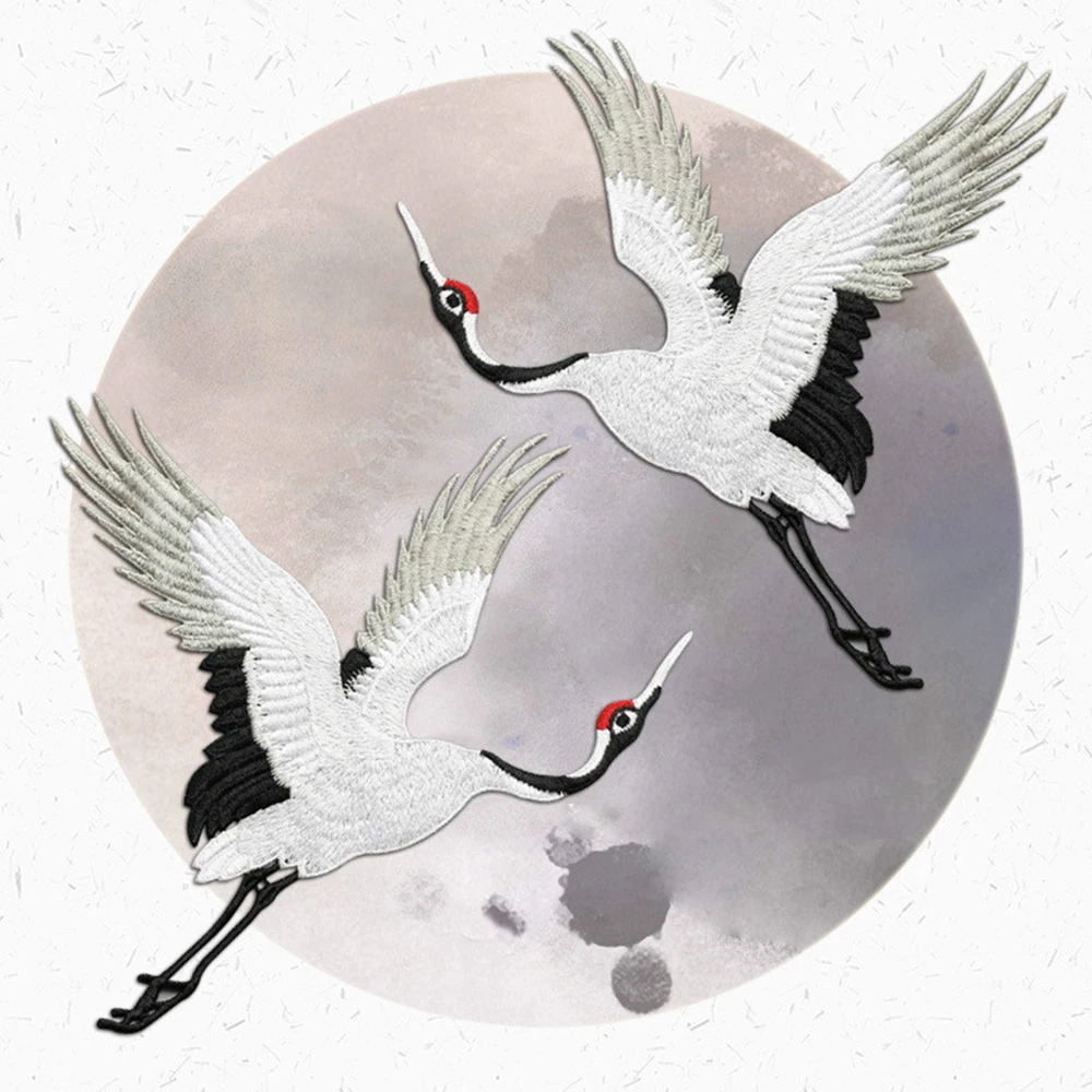 Chinese Style Patches for Clothing Embroidery Applique Sew on Red-crowned Crane Birds Decor DIY Embroidered Stickers for Clothes