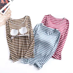 Fdfklak Modal Women Chest Pad Cup Sleep Tops Striped Loose Long-Sleeved T-Shirt Home Wear Clothes One Piece Pajamas Shirt