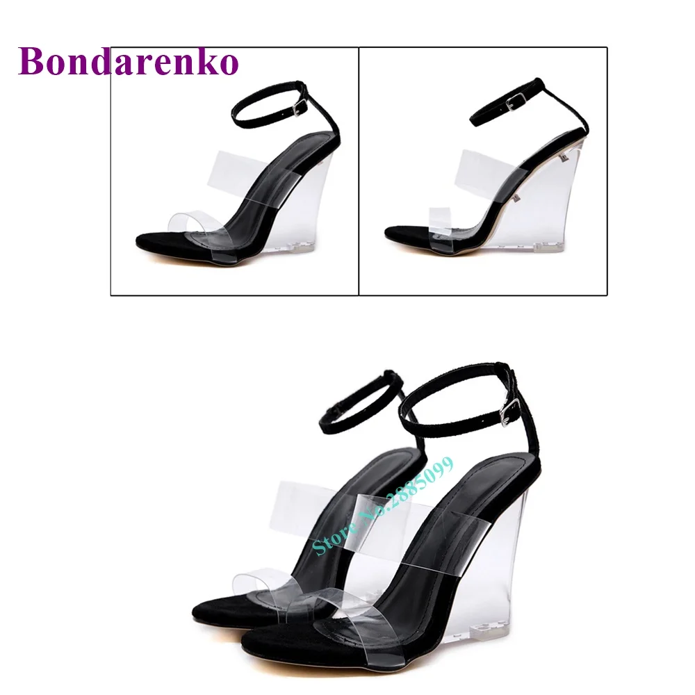 Transparent Wedges Ankle Buckles Sandals Open Toe Clear Straps Sexy Shallow Sandals Female Party Dress Shoe Summer Designer New