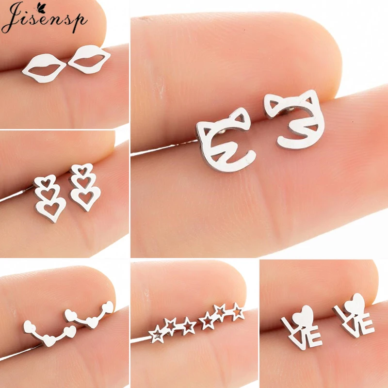 Unique Stainless Steel Cat Stud Earrings Women 2021 Small Cute Love Heart Star Lips Earings Fashion Jewelry Bridesmaid brincos