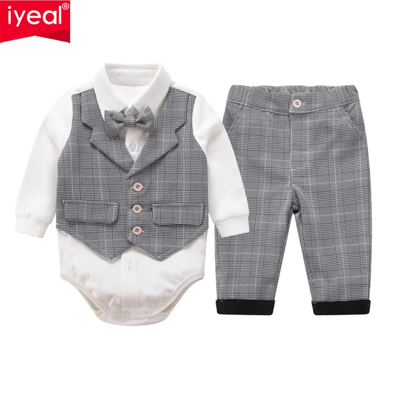 IYEAL New Fashion Gentleman Baby Clothes Set For Wedding Birthday Party Infant Newborn Fake 2 Pieces Bow Tie Rompers  + Pants