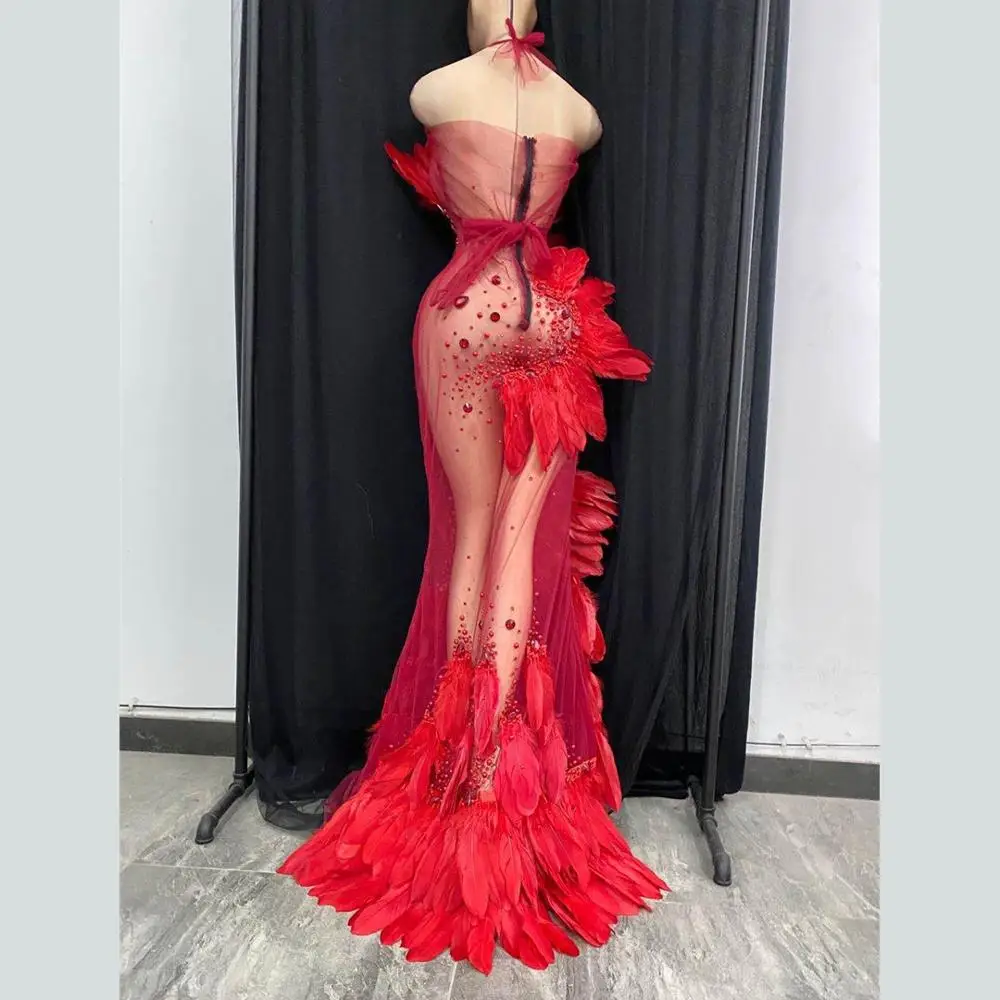 Sexy Outfits Off Shoulder Celebrate Dress Women Stage Wear Feather  Evening Party Dress Sleeveless Maxi Dress