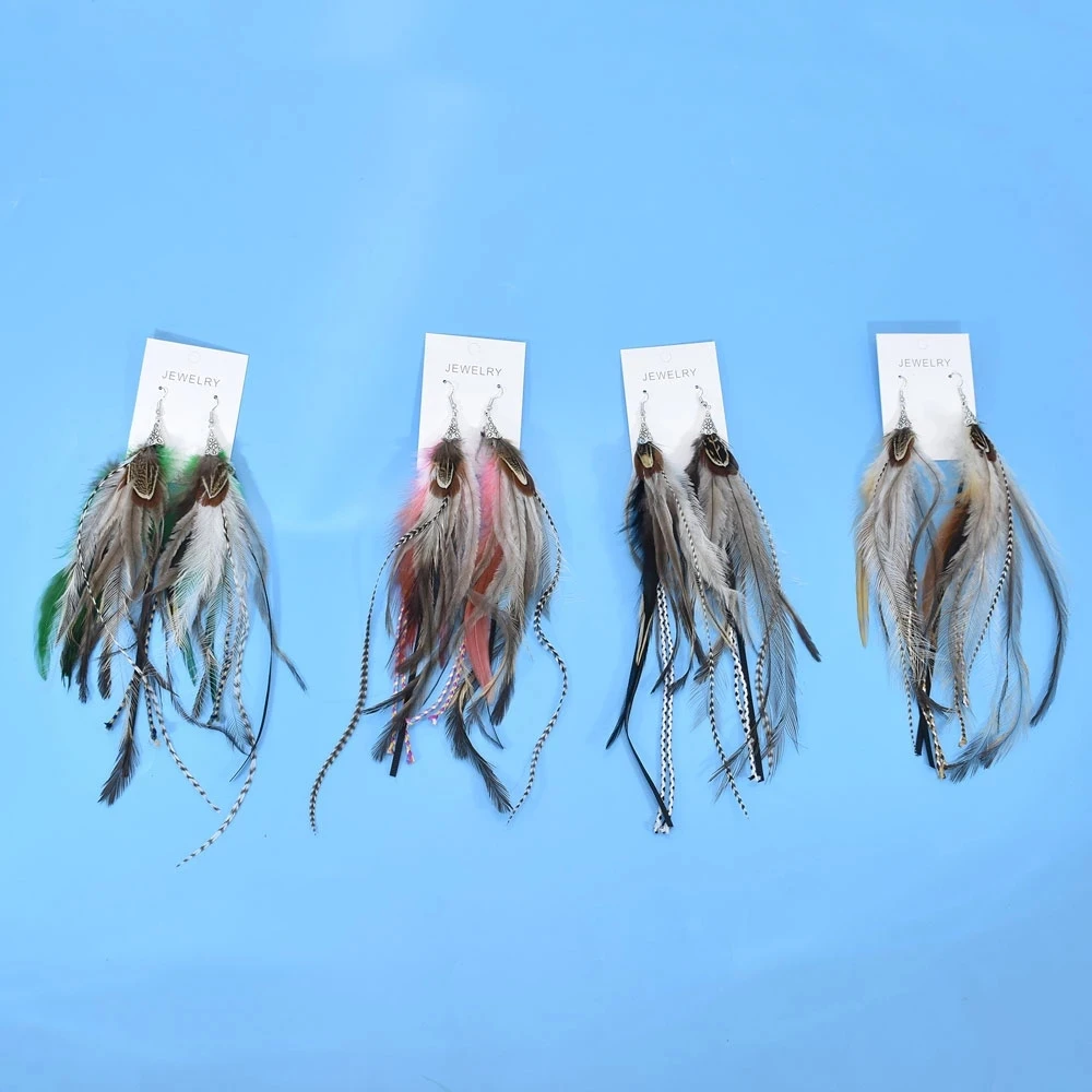 Boho Handmade Long Feather Earrings for Women Boho pendientes Jewelry Ethnic Natural Feather Earring Tribal Festival Party Gift