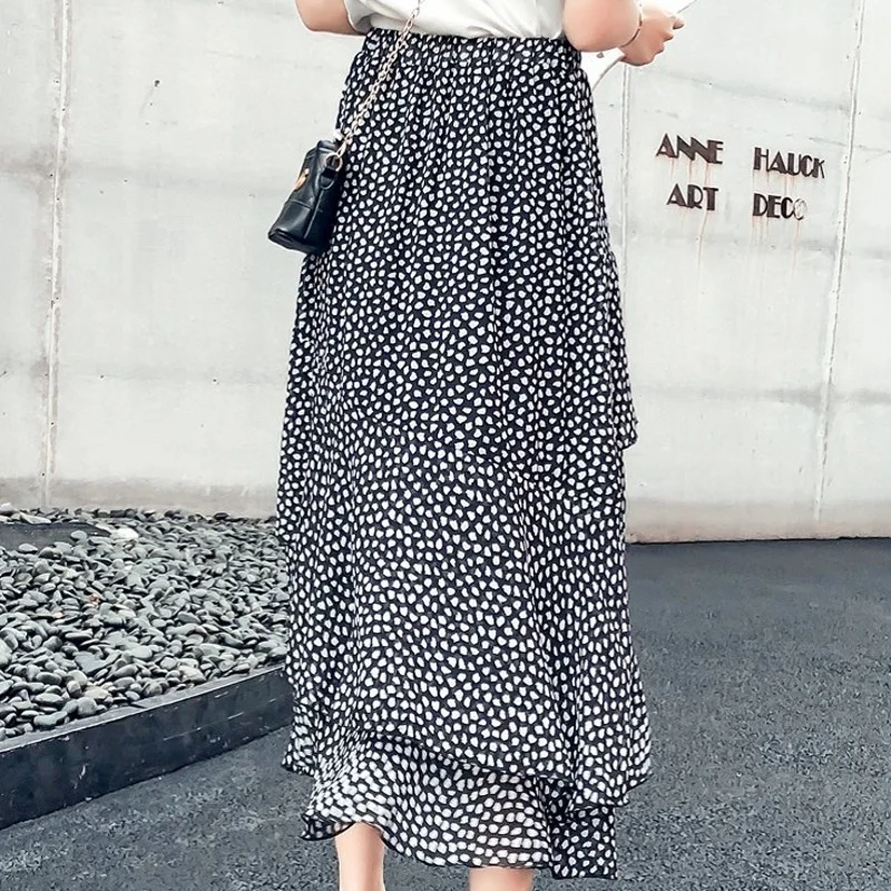 High New Waist Medium Length Polka Dot Womens Chiffon Skirts Fashion Asymmetrical Elastic Waist Bohemian Ladies Holiday Skirts