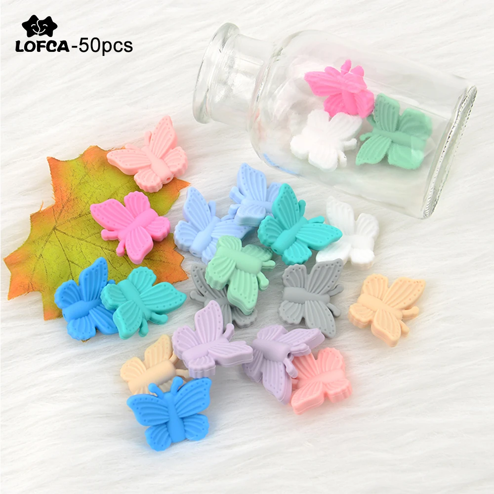 

LOFCA 50PCS Silicone Butterfly Beads Baby Animal Shape Of Insect Teething BPA Free DIY Infant Nursing Pacifier Chain Clips