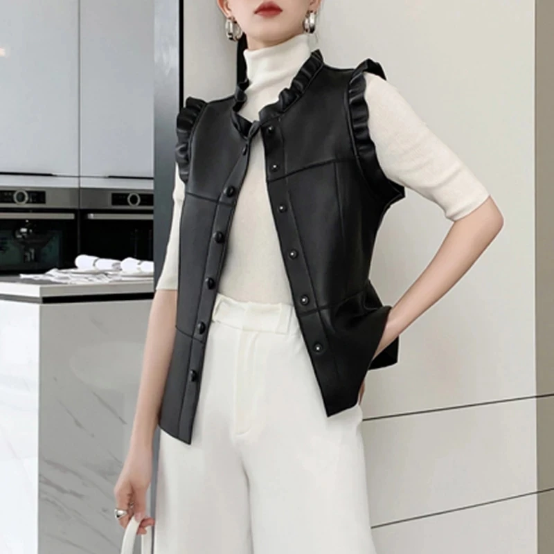 Elegant Intellectual Ruffled Vest Women Femme 100% Leather Black Beige Slim Waistcoat Mujer Sweater Manteau Sleeveless Jacket