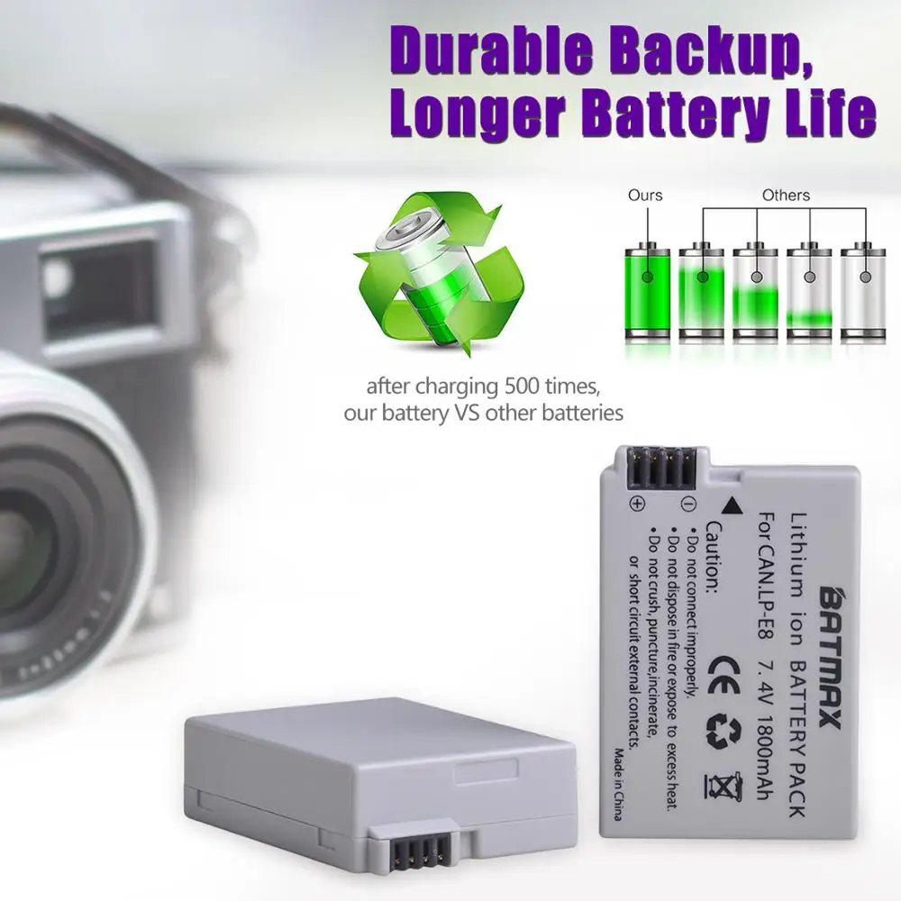 Batmax LP-E8 Bateria LP E8 Battery+New LED Dual Charger with Type C Port for Canon EOS 550D 600D 650D 700D Kiss X4 X5 X6i X7i