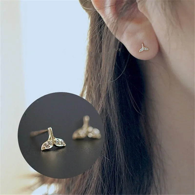 925 Sterling Silver French Simple Whale Tail Stud earrings Women 14k Gold Plating Crystal Sweet Romantic Birthday Jewelry Gift