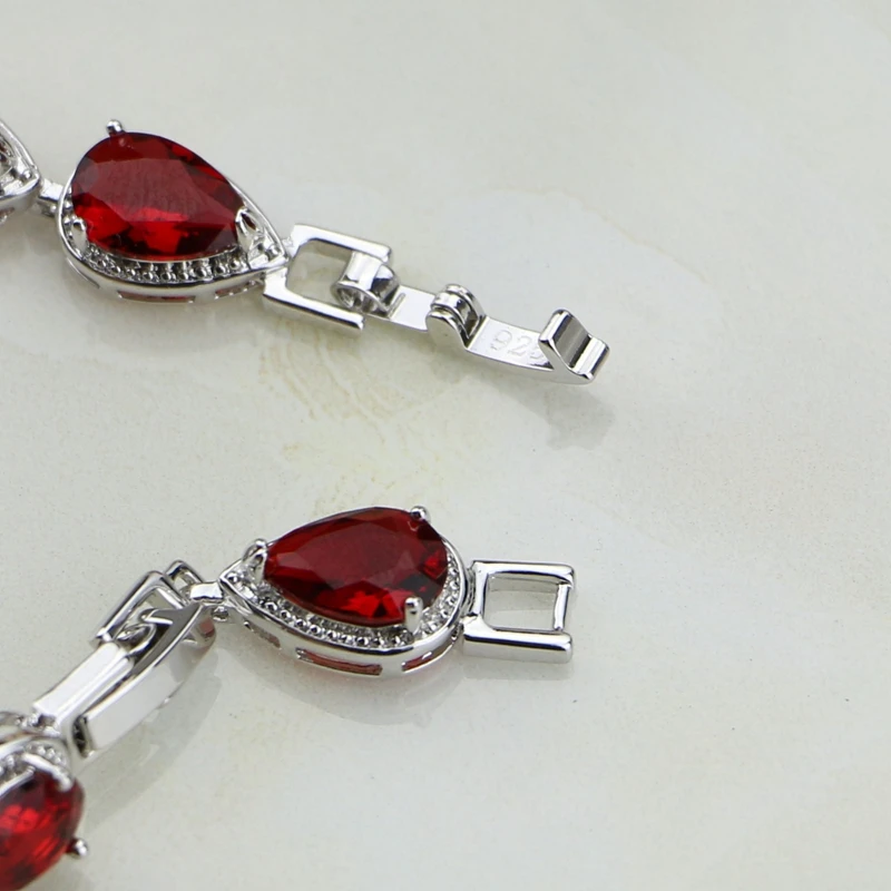 Water Drop Red Rhinestone 925 Sterling Silver Chain Link Adjustable Bracelet Charm Vintage For Women Free Gift Box