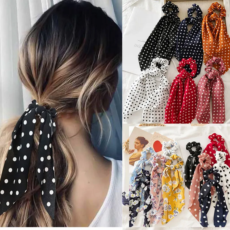 2020 Women Streamers Scrunchies Polka Dot Print Elastic Bow Hair Rope Girl Hair Ties Korean Sweet Hair Accessories Headwear