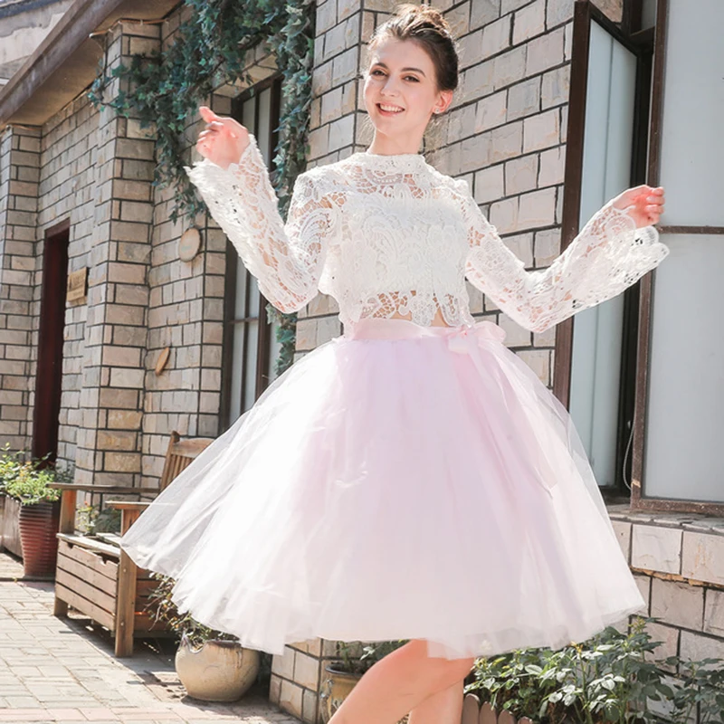 6 Lagen 65Cm Mode Tutu Tule Rok Knielengte Geplooide Rokken Womens Trouwrok Lolita Petticoat Party Verjaardagsrok