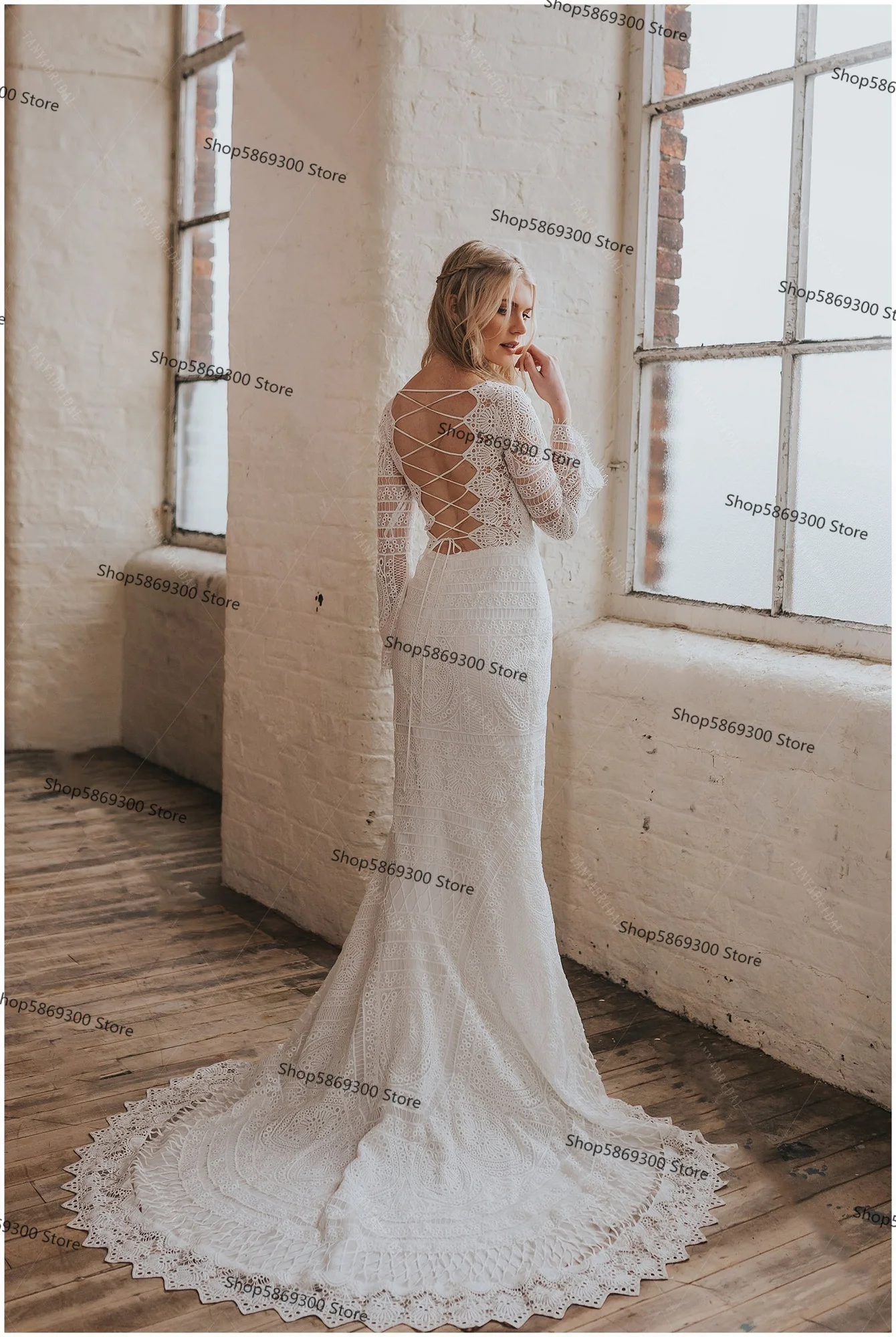 Robe de mariée bohème en dentelle au crochet, à lacets, col en V, manches longues, patients, tout ce qui frappe, fiançailles rêveuses, tout ce qui est Abiti Da Sposa