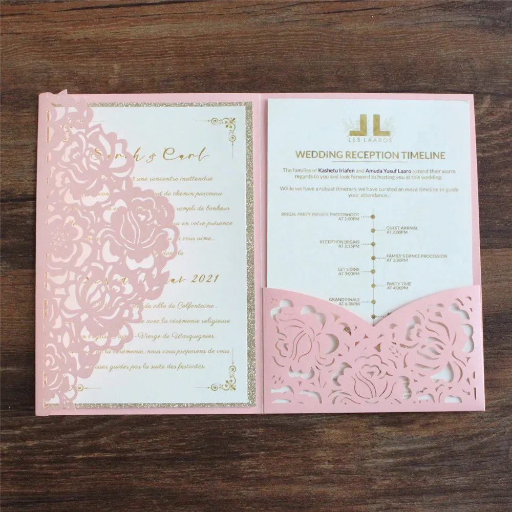 

Pink Wedding Invitation Tri-Fold Rose Laser Cutting Pocket Personalized Glitter Border Invite Printing Multi Colors