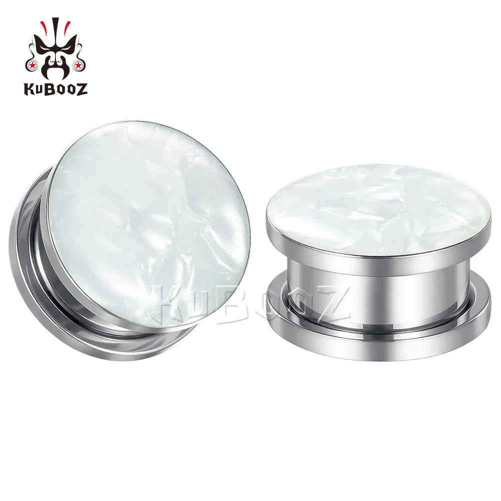 KUBOOZ ze stali nierdzewnej z białą skorupą tunele do uszu zatyczki do przekłuwania śruba biżuteria do ciała kolczyki prezent 2 szt. 6-25mm