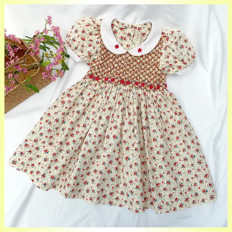 Kids Girls New summer dress vestidos 2024 girl princess floral vintage dress for 3-7 years children Handmade smocked dresses