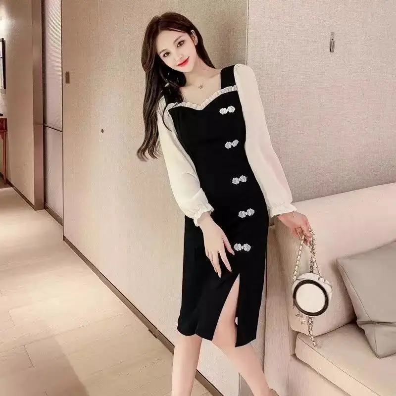 French Fashion Women Elegant Retro Long Sleeve Dress Sexy Split Black Vestidos Female Square Neck Patchwork Cheongsam Dresses