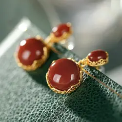 Natural Hotan South Red chalcedony Oval Earrings Chinese style retro palace unique ancient gold craft female Festival gift