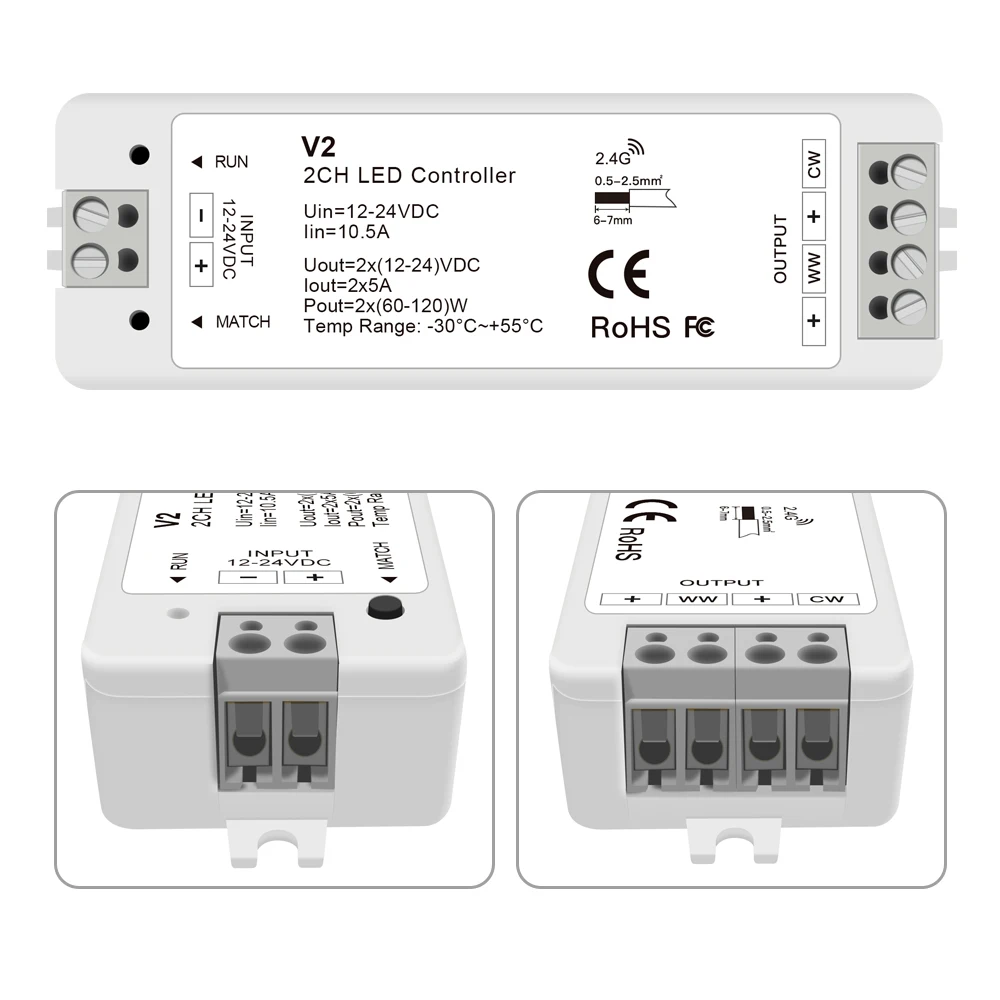 RF 2.4G Dual Color CCT LED Controller For Dynamic White LED Strip Lights 12V~24V 5A/Channel High Power Brightness Dimmer