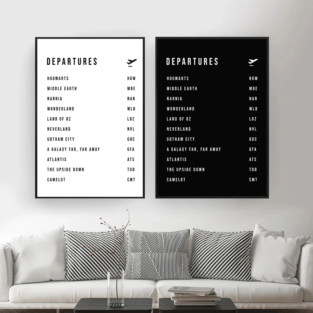 Travel Departures Nordic Poster Travel City Quotes Wall Art Canvas Painting Black and White Picture for Living Room Home Decor