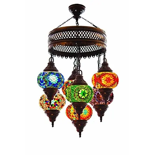 English Authentic 7 Globe Mosaic Chandelier Hanging Lamp Moroccan Lantern