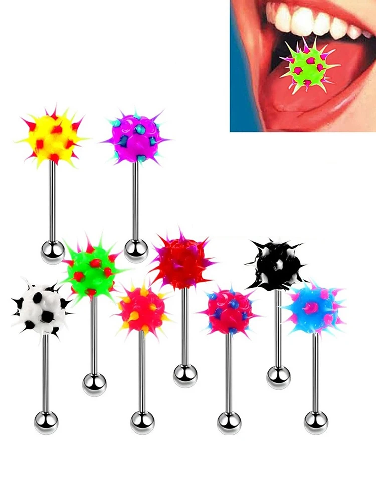 HONGTU 5Pcs Zunge Ringe Gemischte Farbe Silikon Ball Zunge Piercing Barbell Für Frauen Edelstahl Körper Piercing Schmuck 14G – Detail 6