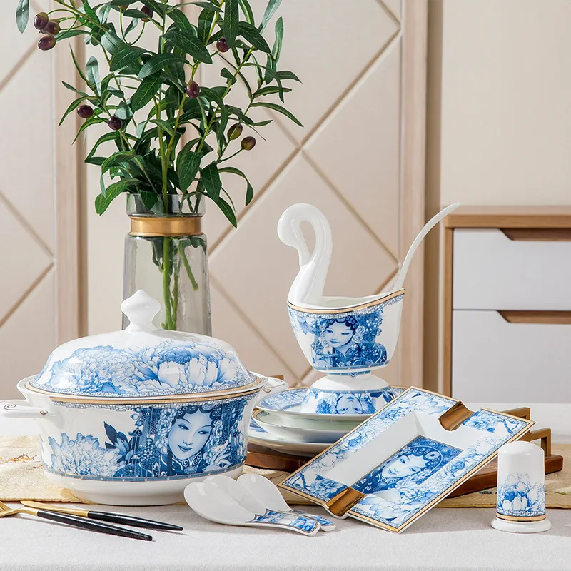 Jingdezhen tableware bone china bowl and dish 60 piece set household western style dinner bowl and dish set lanxizi