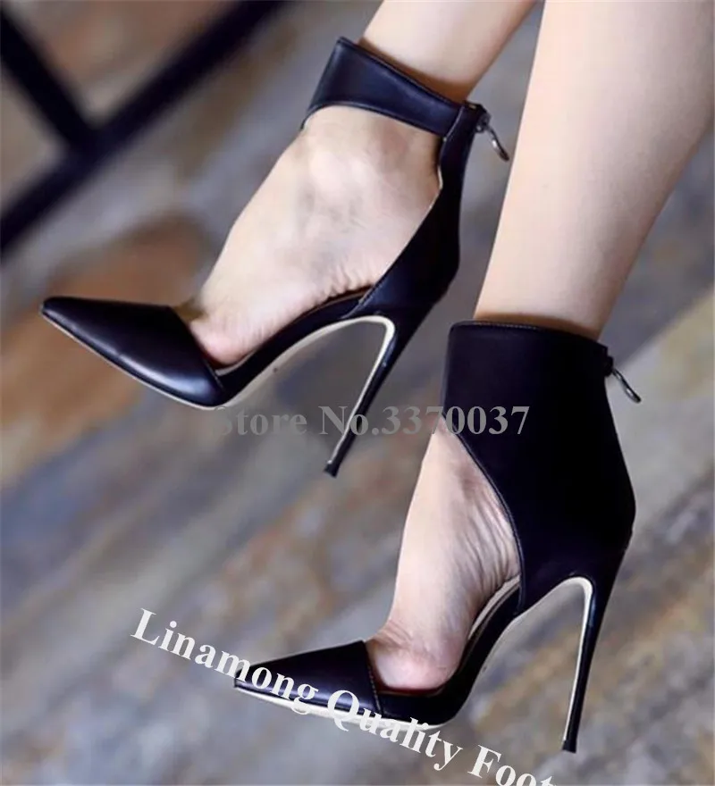 Linamong Elegant Pointed Toe Stiletto Heel Ankle Wrap Pumps Black Leather Back Zipper-up Cut-out High Heels Formal Dress Heels