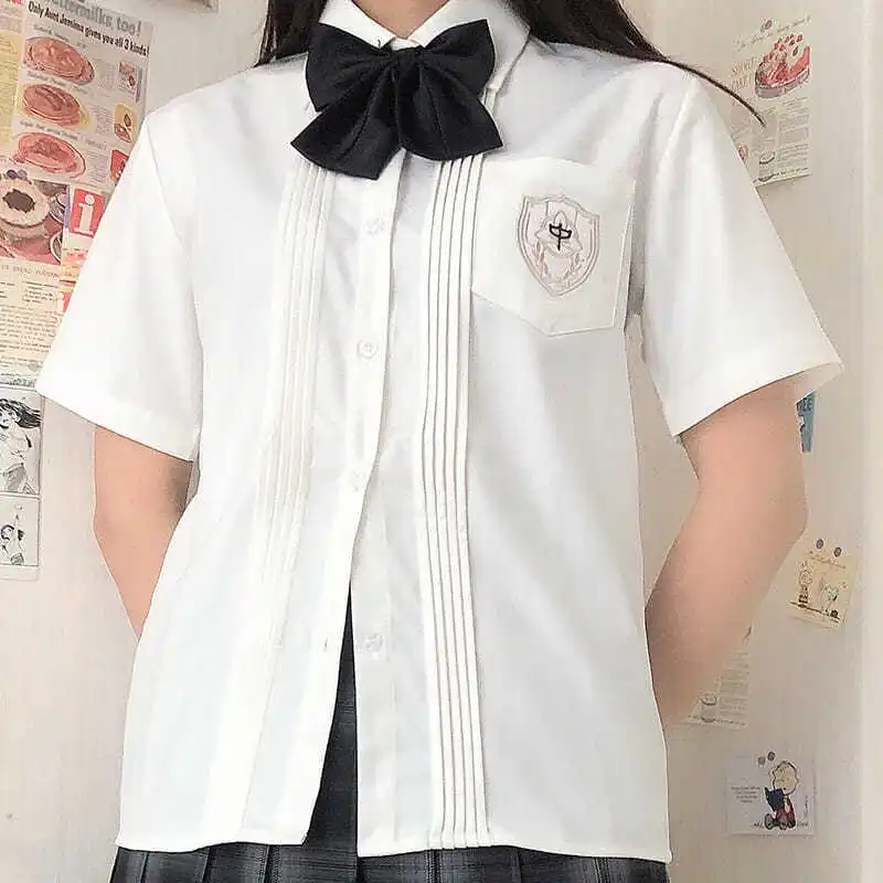 Mulheres verão blusas camisa de manga curta sólido branco bordado topos moda japonês coreano jk estilo feminino camisas lapela