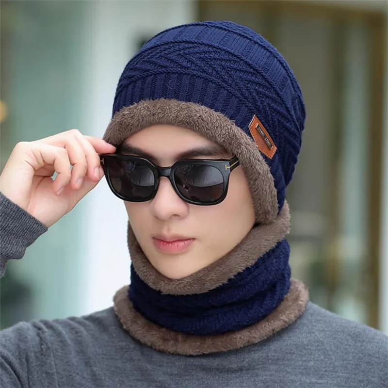 Touca e cachecol masculina de inverno, chapéu de pelúcia de malha quente para homens, conjunto de 2 gorros masculinos 2019, touca com anel, lenços, acessórios adultos sólidos