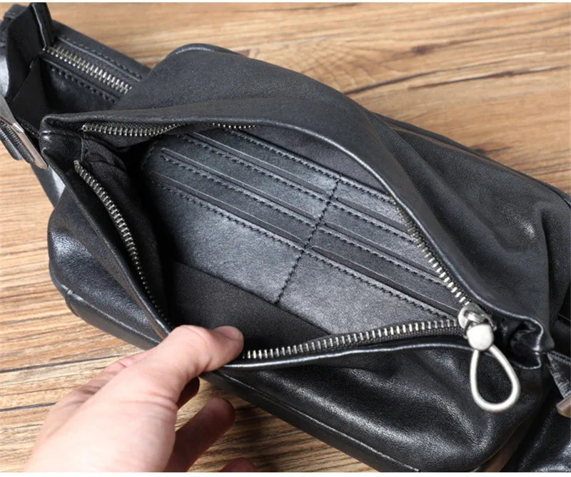 Casual fashion designer genuine leather men's black chest bag natural soft first layer cowhide waist pack daily messenger bag