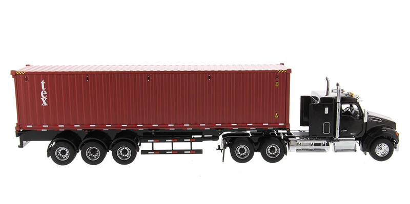 New 1/50 Scale Kenworth T880 SFFA 40 Sleeper Tandem Tractor in Metallic Black with 40\' Dry Goods Sea Container and Chassis 71060