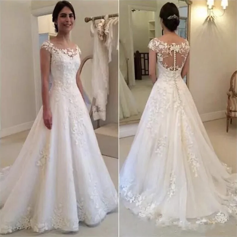 Mới Đầm Vestido De Noiva Nắp Tay Cổ Tròn Chữ A Áo Cưới 2021 Illusio Thông Qua Dây Kéo Cài Nút Sau Lưng Áo Dài Cô Dâu Áo Dây De mariee