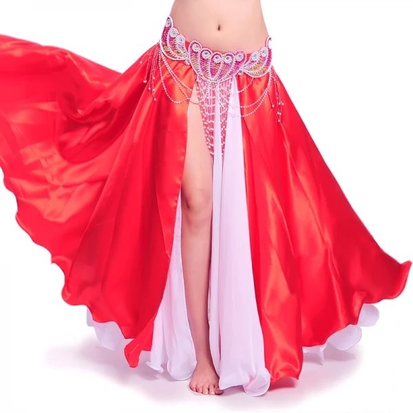 Nieuwe Vrouwen Buikdans Rok Side Slit Chiffon Satijnen Rok Stage Performance Buikdans Kostuum Dubbellaags Buikdansen Rok