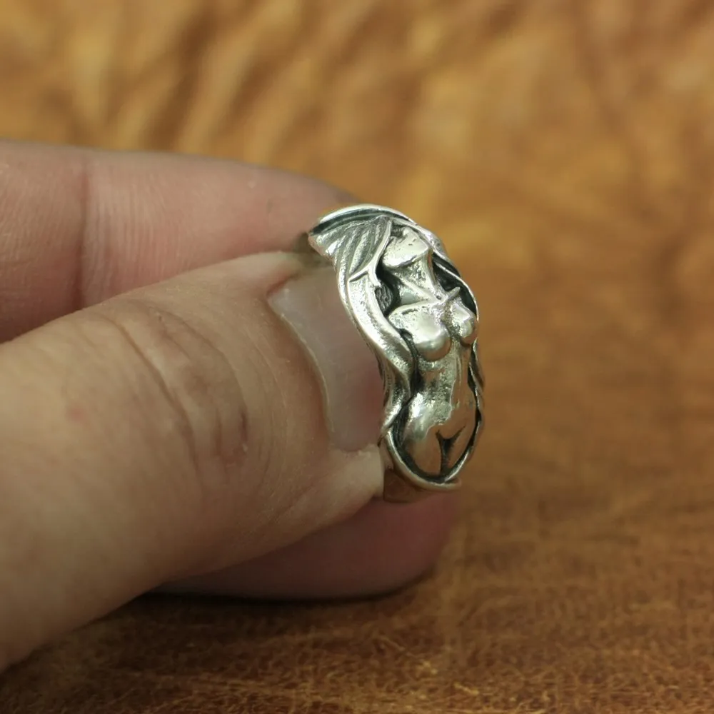 LINSION 925 Sterling Silver Sexy Naked Angel Ring Charms Biker Punk Ring TA162 US Size 7~15