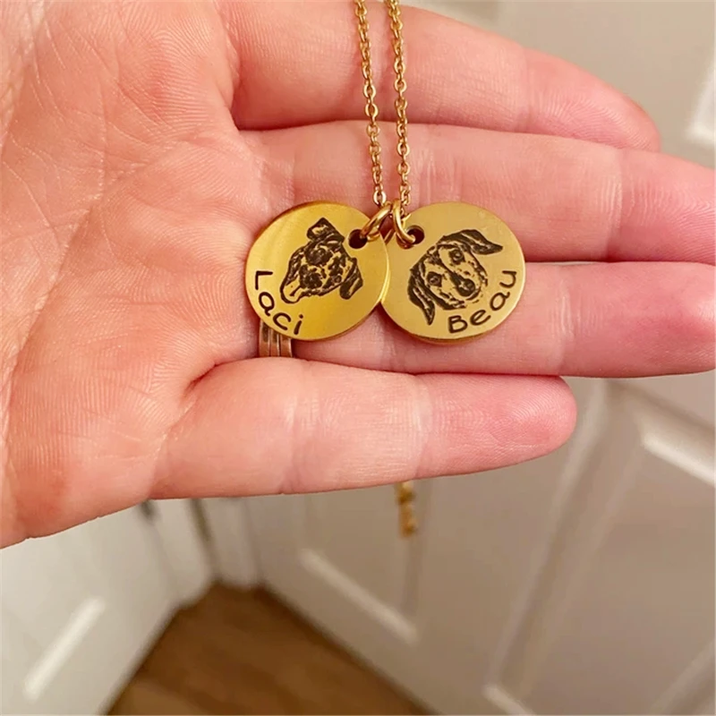 Personalized Pet Photo Disc Necklace For Women Tiny Cat dog Name Pendant Necklaces Custom Animal 316L Stainless Steel Jewelry