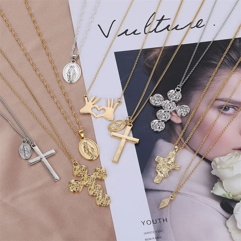 FNIO 2019 Gold Color Chain Cross Necklace for Women Moon Pendant Necklace Religious Retro Charm Necklace Necklace Jewelry image 3