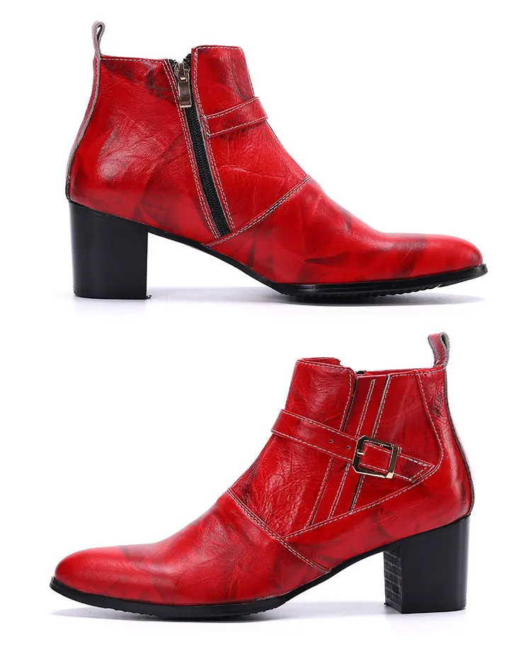 Herbst und Winter spitze High Heels Herren stiefel binden eine Kette Niet Gürtels chnalle dicken Absatz echtes Leder dicke Stöckels tiefel – Detail 6
