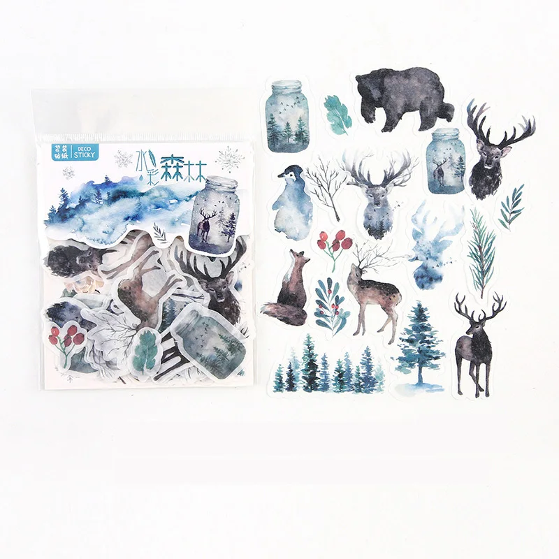 40 pcs /Pack Watercolor Forest Animals Adhensive Stickers Decorative Album Diary Hand Account Decor