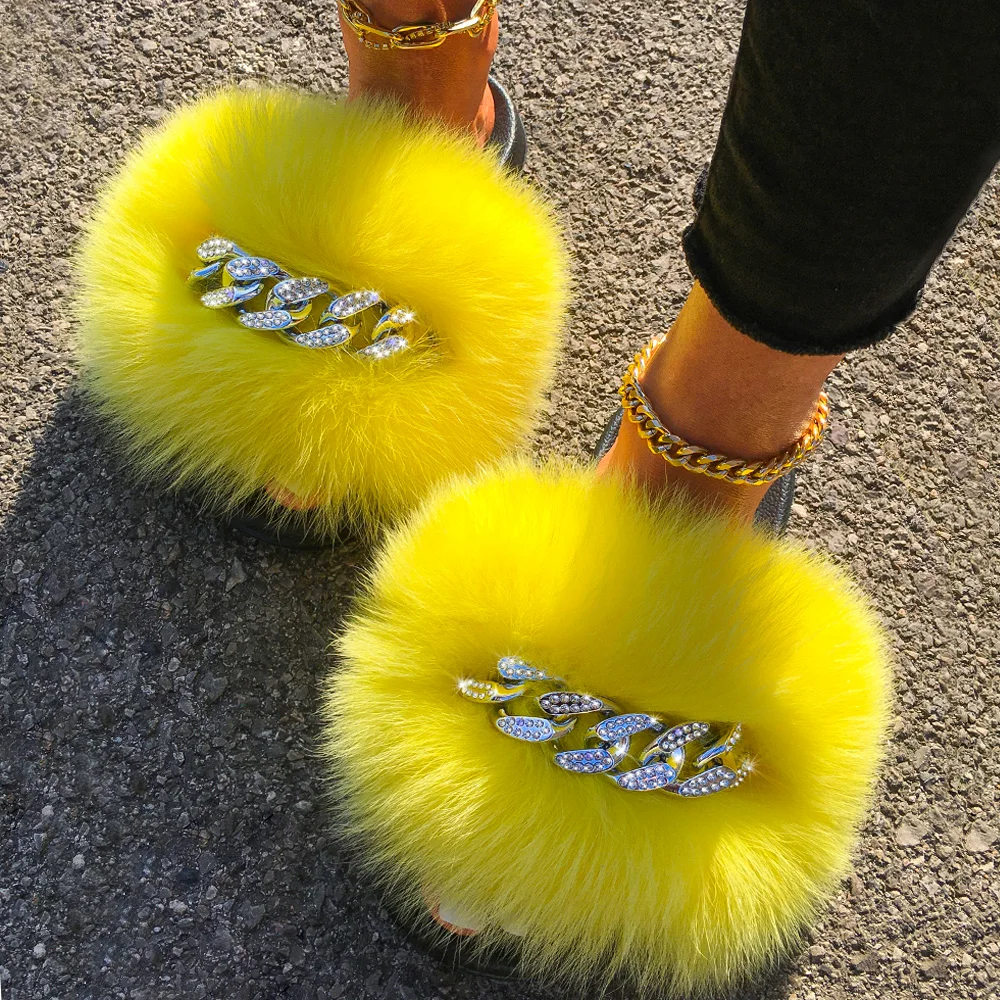 Women Sandals Real Fox Fur Slides Fluffy Slippers Ladies Summer Diamond Chain Flip Flops Beach Shoes Indoor Furry Slippers 2021