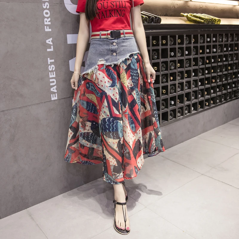 TingYiLi Belted Floral Chiffon Patchwork Denim Skirts Women Spring Summer Holiday Beach Boho Skirt Korean High Waist Long Skirt