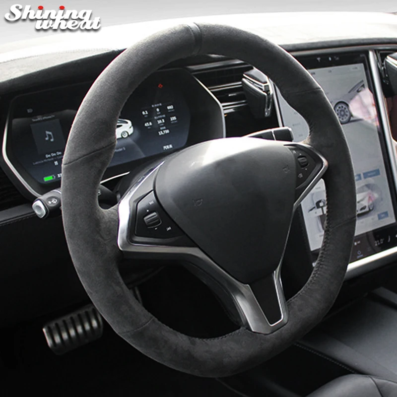 

Shining wheat Black Suede Hand Sew Car Steering Wheel Cover for Tesla model S model X