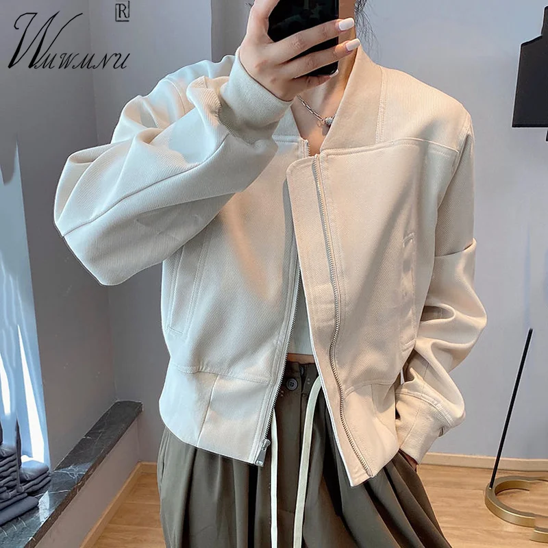 High Street Design Bomber Jacket Women Chaqueta Mujer Beige V-Neck Cropped Jackets Korean Fashion Long Sleeves Spring Coat