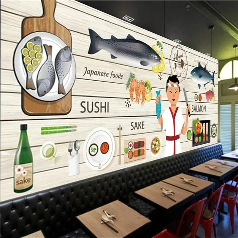 

Custom Japanese Cuisine Sake Salmon Wall Paper 3D Sushi Restaurant Izakaya Snack Bar Industrial Decor Background Mural Wallpaper