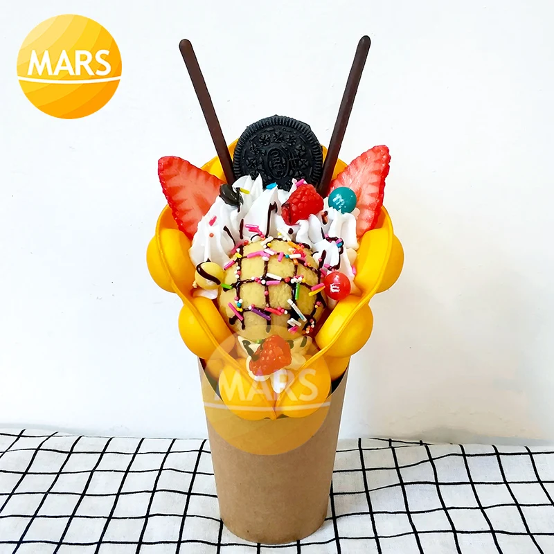 Simulación de Eggettes Puff Egg Bubble Waffle, modelo de muestra de postre, accesorios de exhibición, comida falsa, helado, huevo de fresa, modelo de Waffle