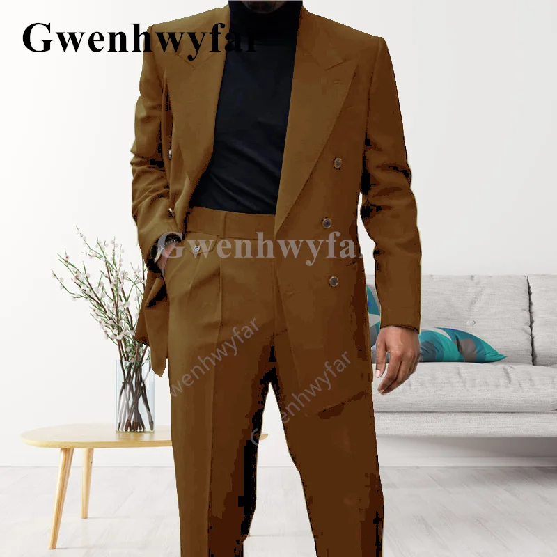 Gwenhwyfar – veste Double boutonnage mi-longue en Denim bleu pour homme, 2 pièces, costume de mariage, avec pantalon, nouvelle mode