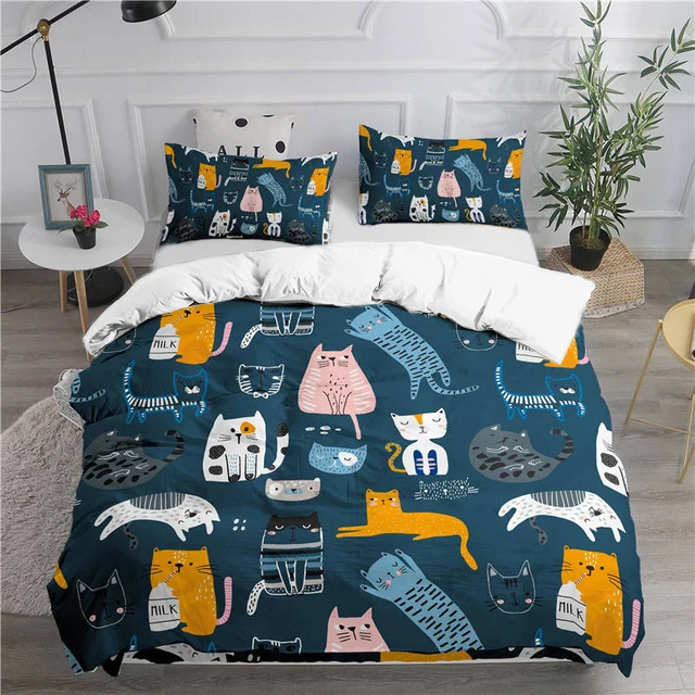 Cartoon Bedding Set Cute Cats Duvet Cover Set Bed Set Queen Size Comforter Bedding Sets King Pillowcase Bedclothes