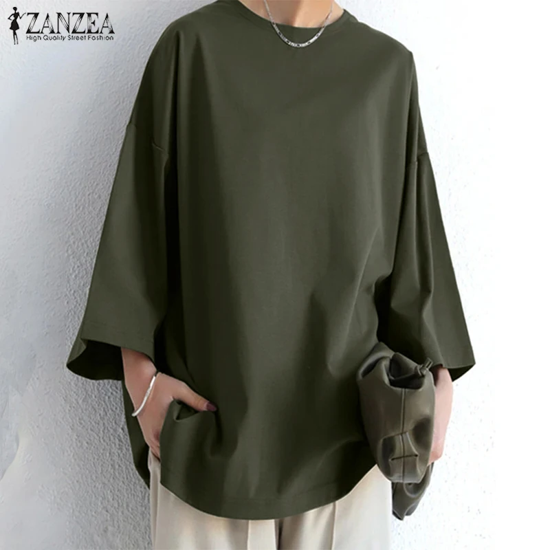 Womens Baggy Solid Blouse ZANZEA 2023 Vintage Flare Sleeve Tops Casual Autumn Blusas Female Split Tunic Oversized Chemise